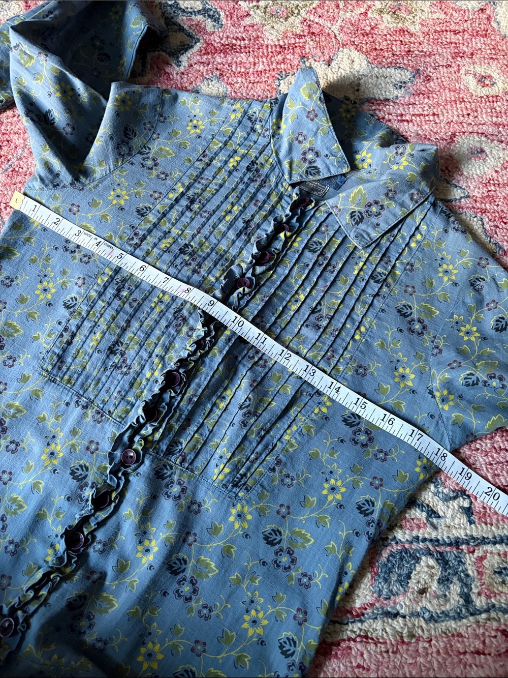 Vintage Free People Dress Sz 6 Blue Floral Button Down Ruffled, Pin-Tuck Fall - Picture 11 of 12